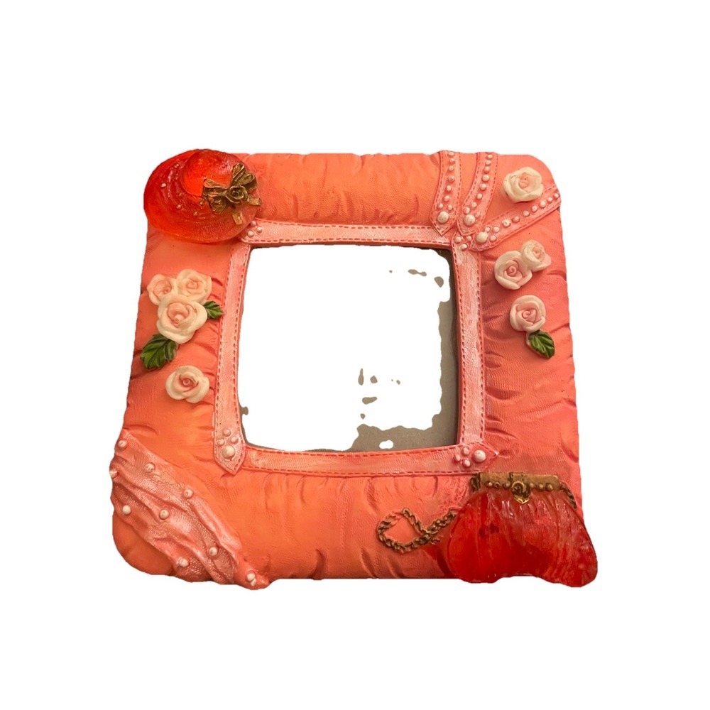 Vintage Ceramic 3D Picture Frame Red Hat & Purse 2.5" Picture 5" Frame